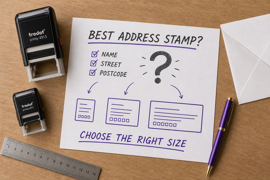 Address stamp guide worksheet comparing address impression sizes and layouts