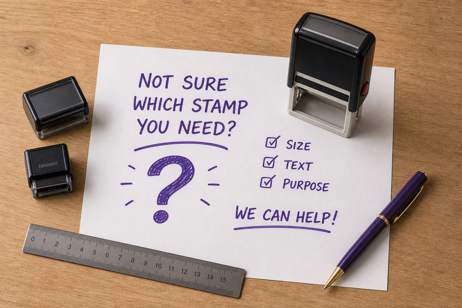 Stamp Finder worksheet asking which stamp is needed, beside self-inking stamps and measuring tools