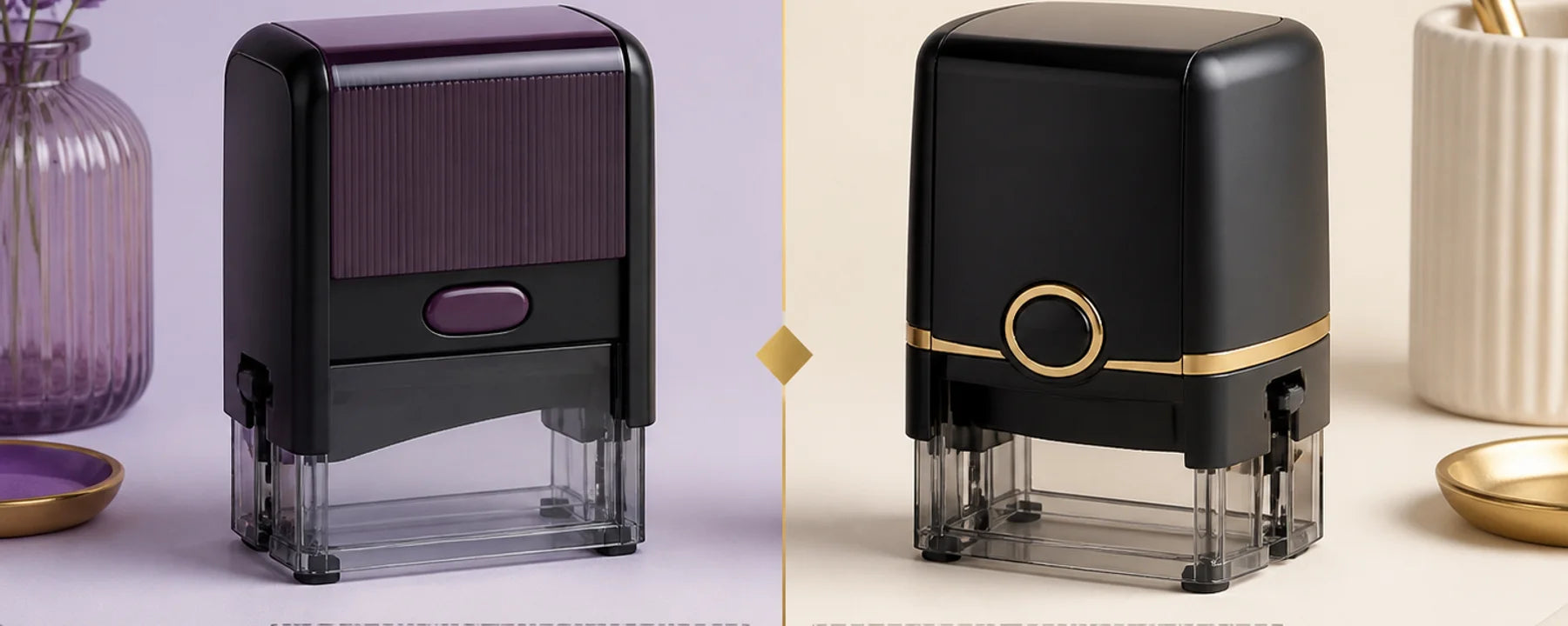 Self-inking stamps arranged for practical model and brand comparisons