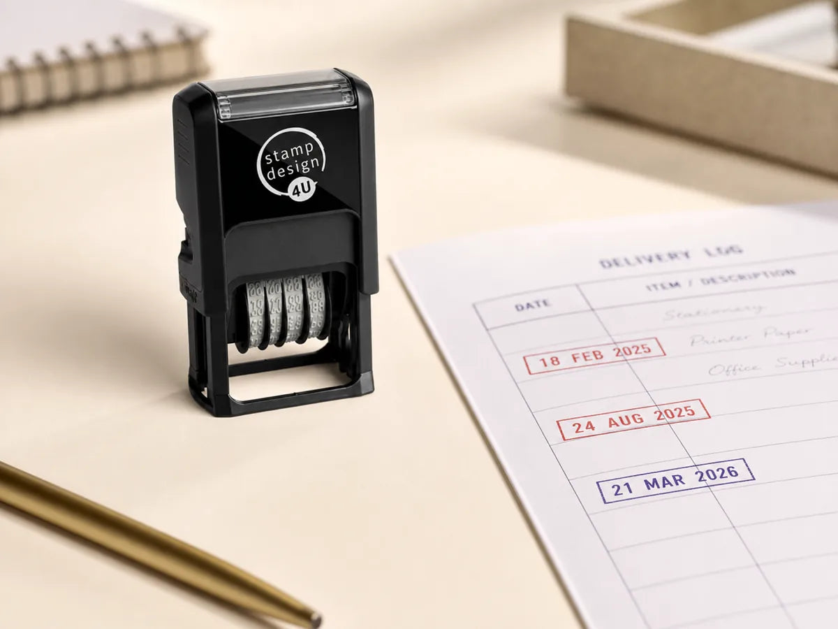 Personalised date stamp beside a dated delivery log