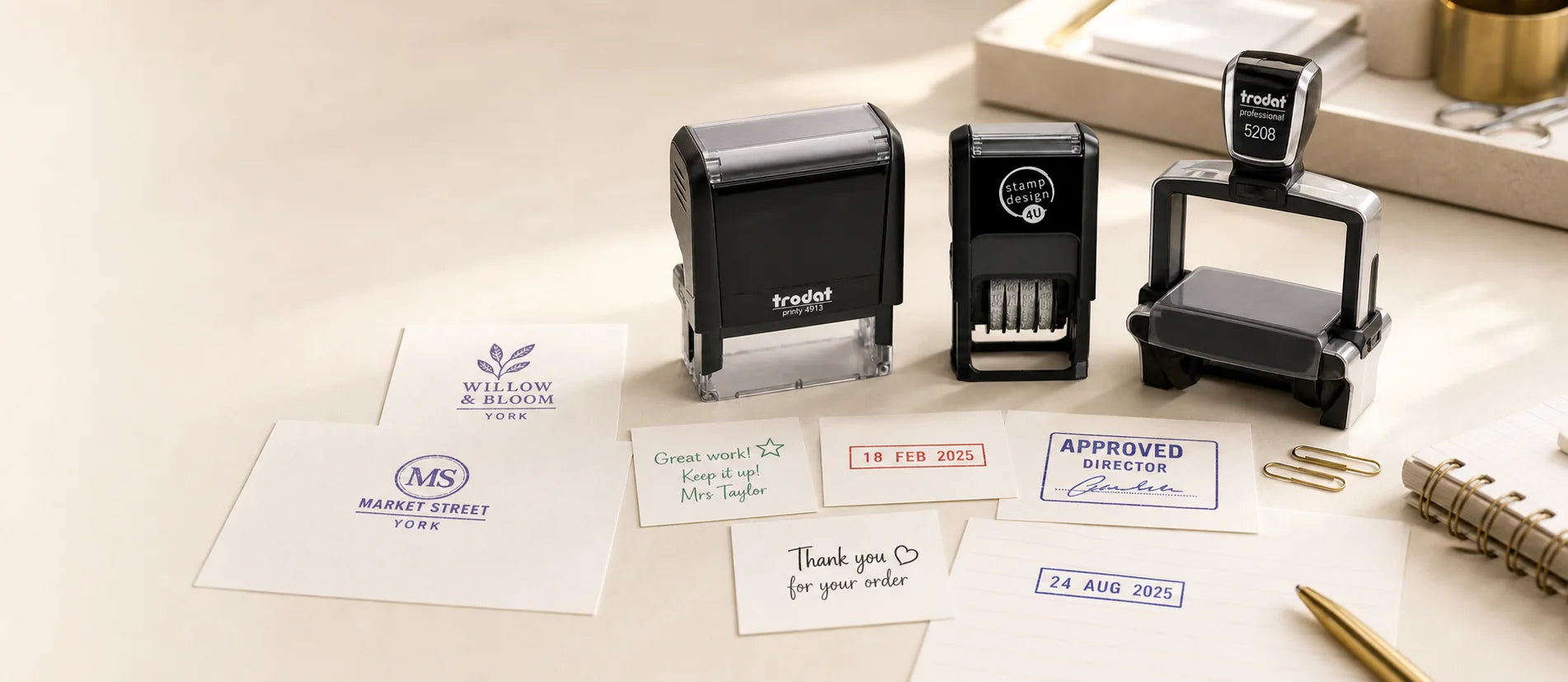 A range of personalised self-inking rubber stamps and sample impressions