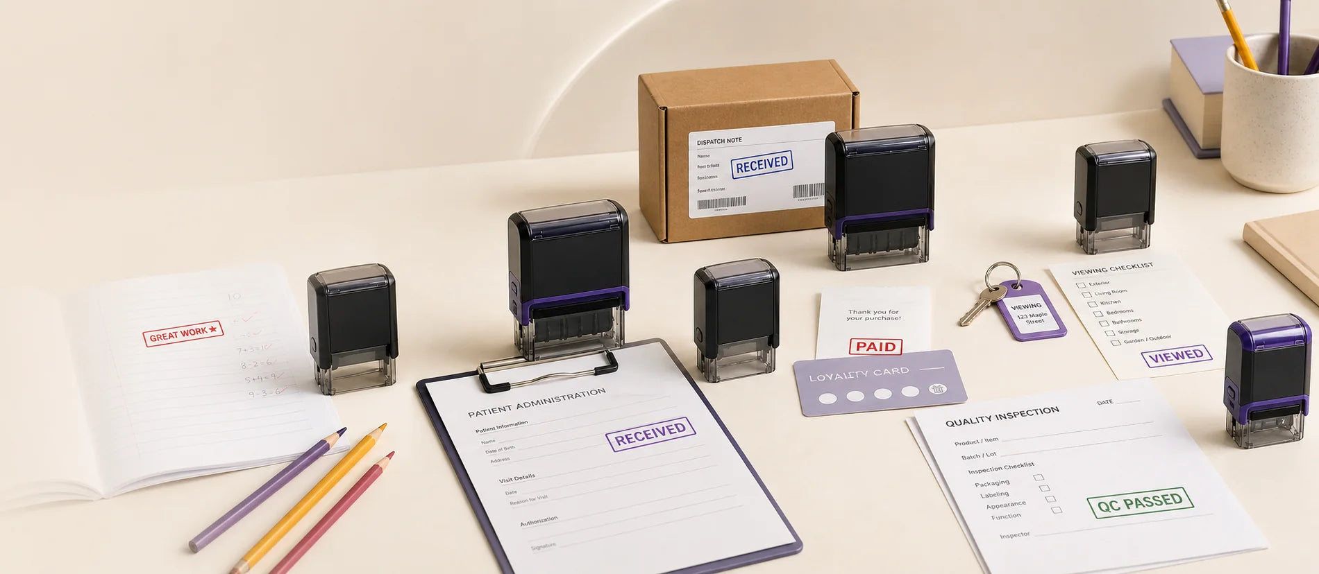 Rubber stamps shown with education, healthcare administration, logistics, retail, property and quality-control paperwork