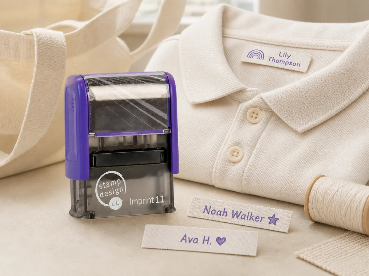 Clothing name stamp beside personalised fabric name labels