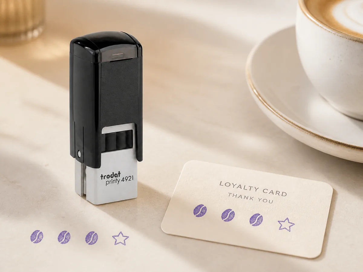 Compact loyalty card stamp beside a stamped coffee loyalty card