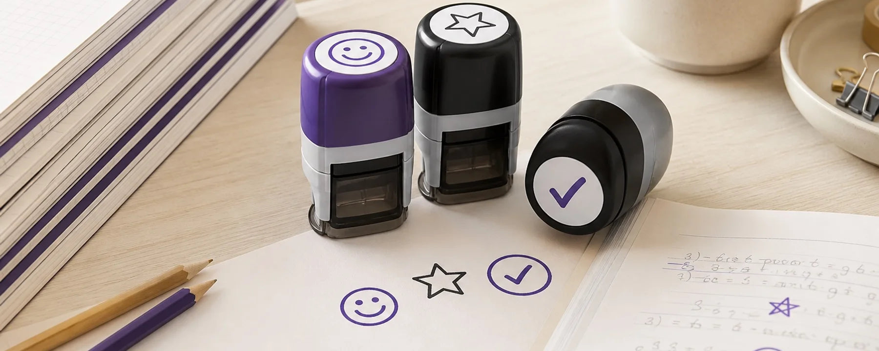 Three compact teacher stamps with encouraging classroom marking symbols
