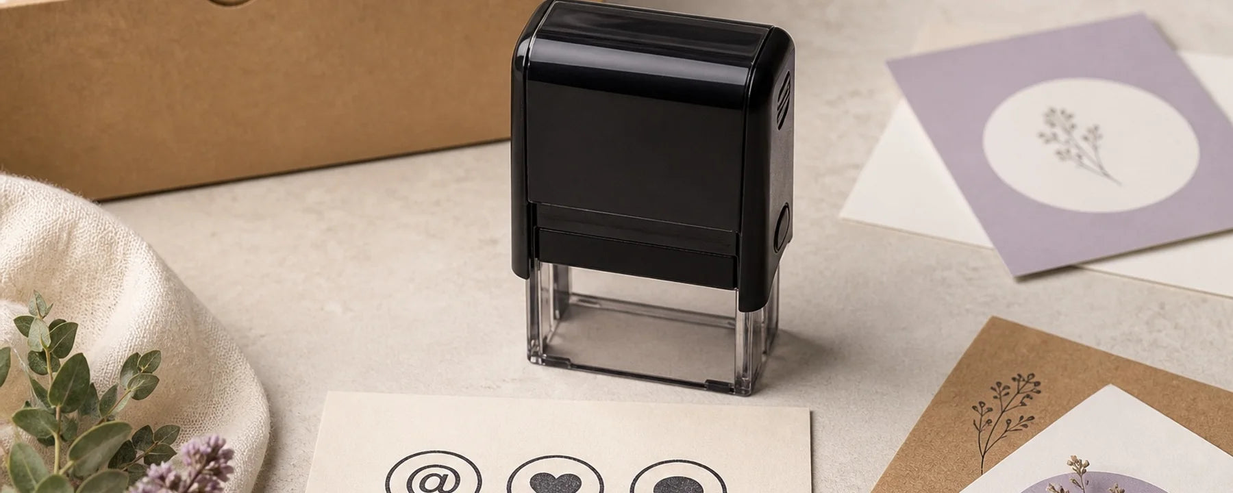 Self-inking social-media stamp beside simple social icon impressions and packaging