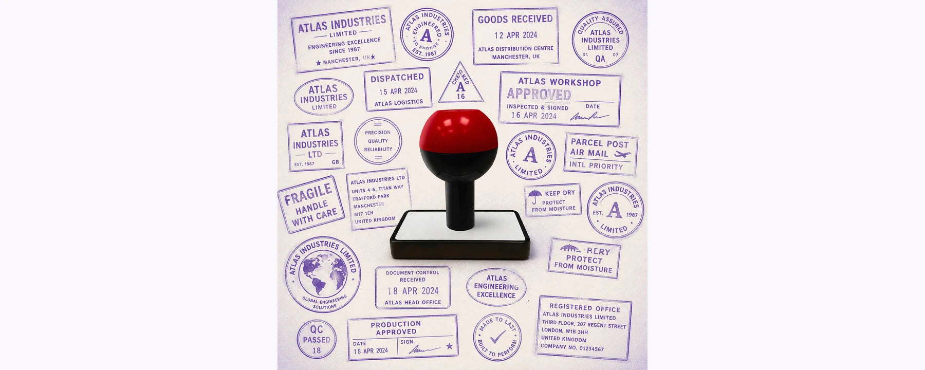 Traditional hand stamp with a range of purple business impressions