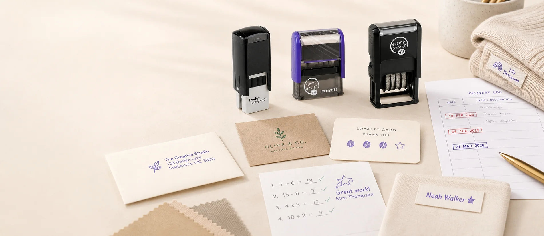 Rubber stamps for address, logo, date, loyalty, teacher and textile uses