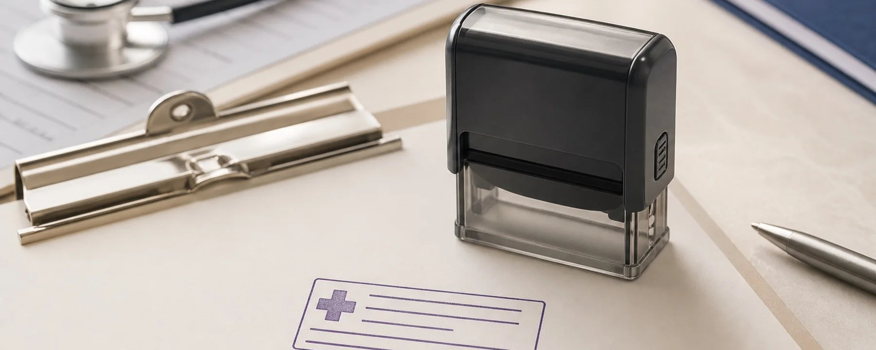 Self-inking medical stamp beside a registration-card impression and clinical stationery