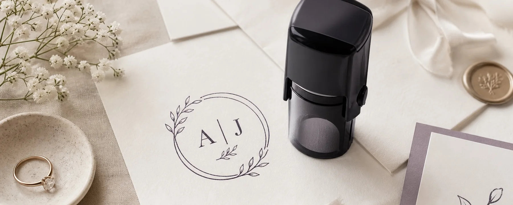 Compact round wedding stamp beside a floral monogram impression and invitations